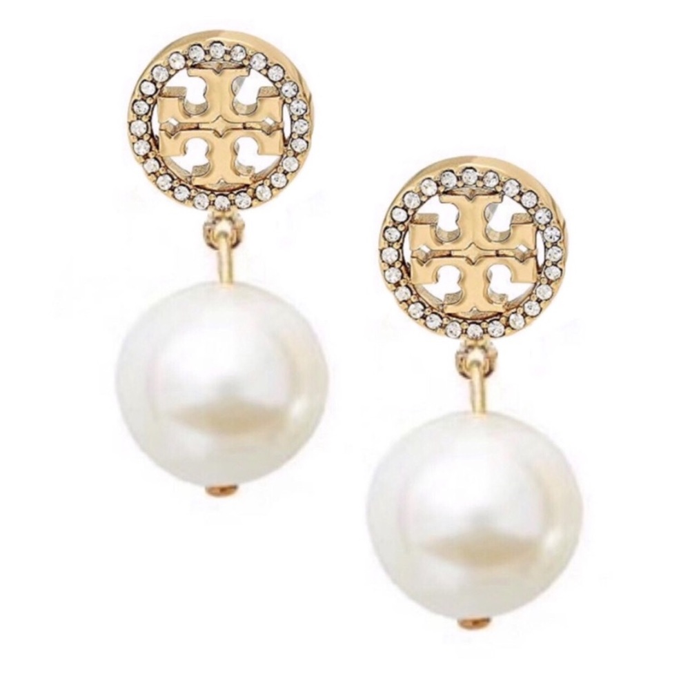 TORY BURCH • Gold Logo Crystal Pearl
Drop Earrings